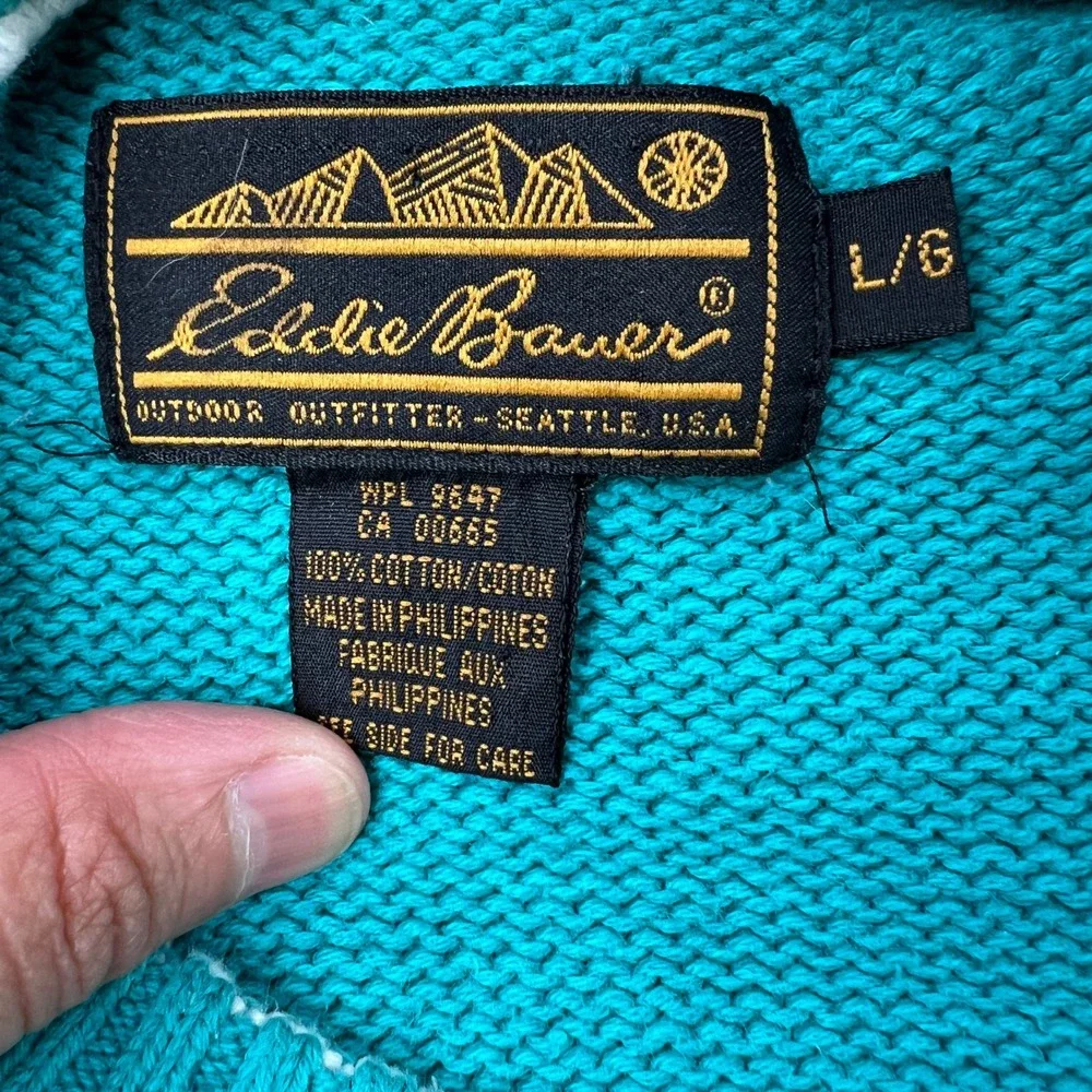Eddie Bauer Vtg Striped Cotton Sweater L Teal Red Men 90s Gorpcore Color Block - Picture 6 of 11